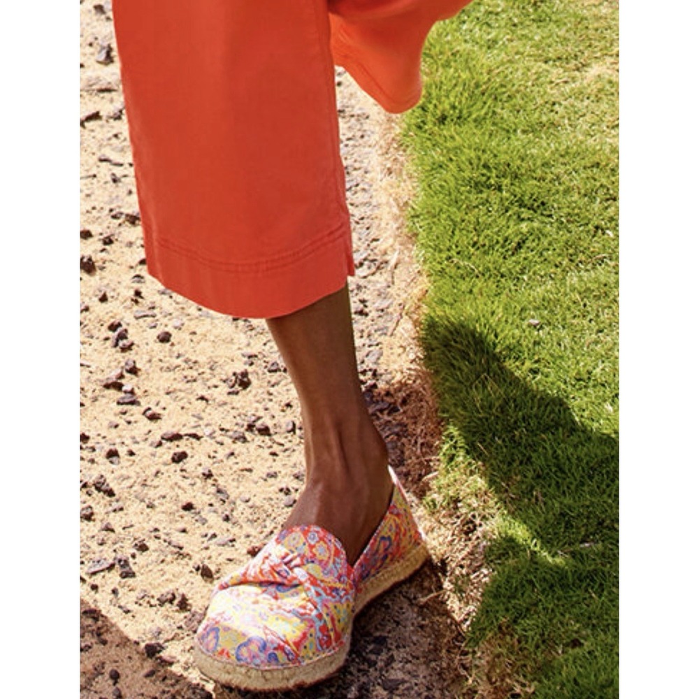 Talbots Espadrille Flats Womens 9M Orange Paisley Floral Bow Slip On Boho Summer